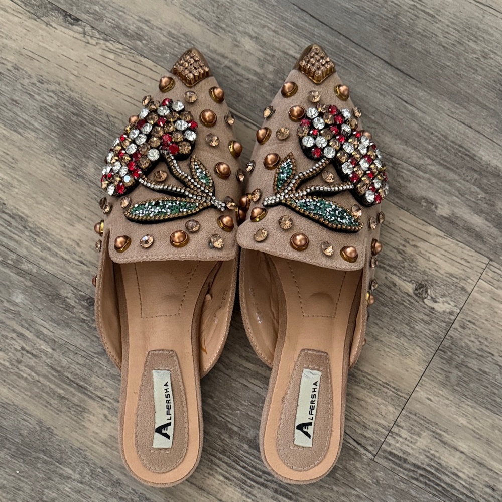 Embellished Nude Beaded Mule Flats by